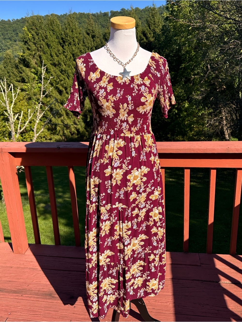 Natural Life Burgundy & Yellow Floral Ruched Maxi Dress